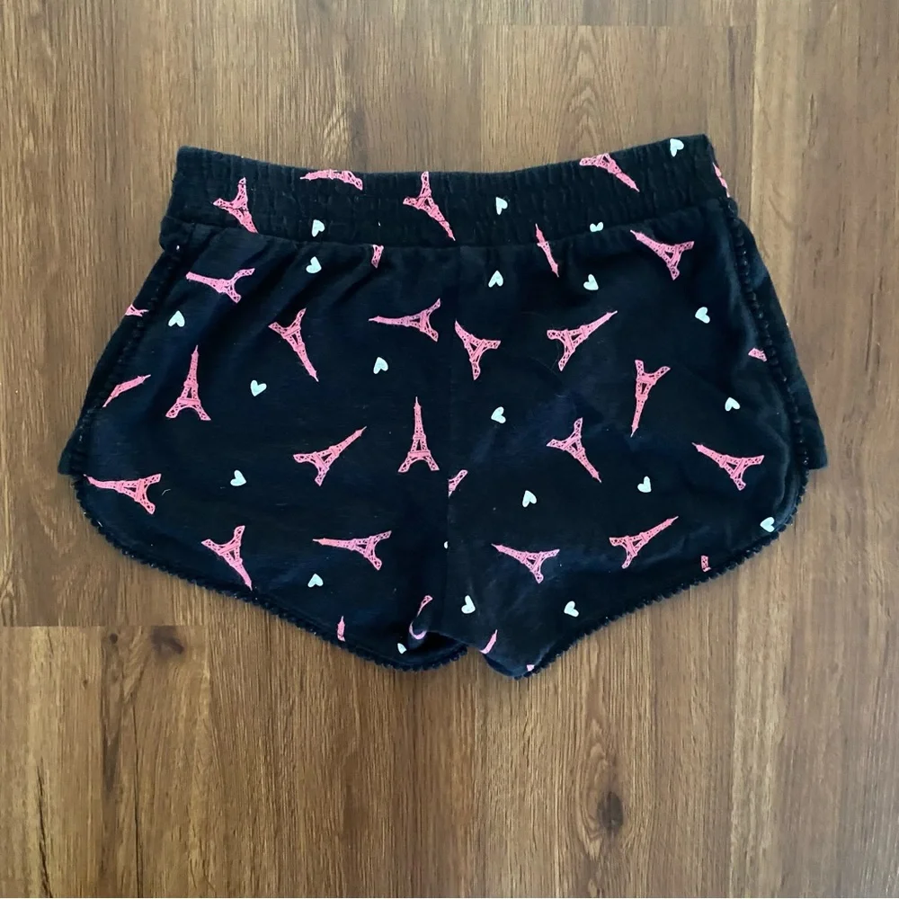 Justice Shorts Eiffel Tower Size 8 black pink Pom trim 100% cotton